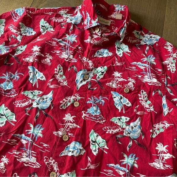Caribbean Red Hawaiian Palm Leaves Tress 3 Pockets Zip Cotton Blend Men's Shirt - Picture 6 of 9